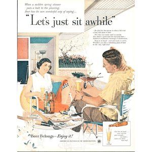 1956 Beer Belongs Vintage Print Ad Back Yard Patio Rain Storm Gardening Drawing